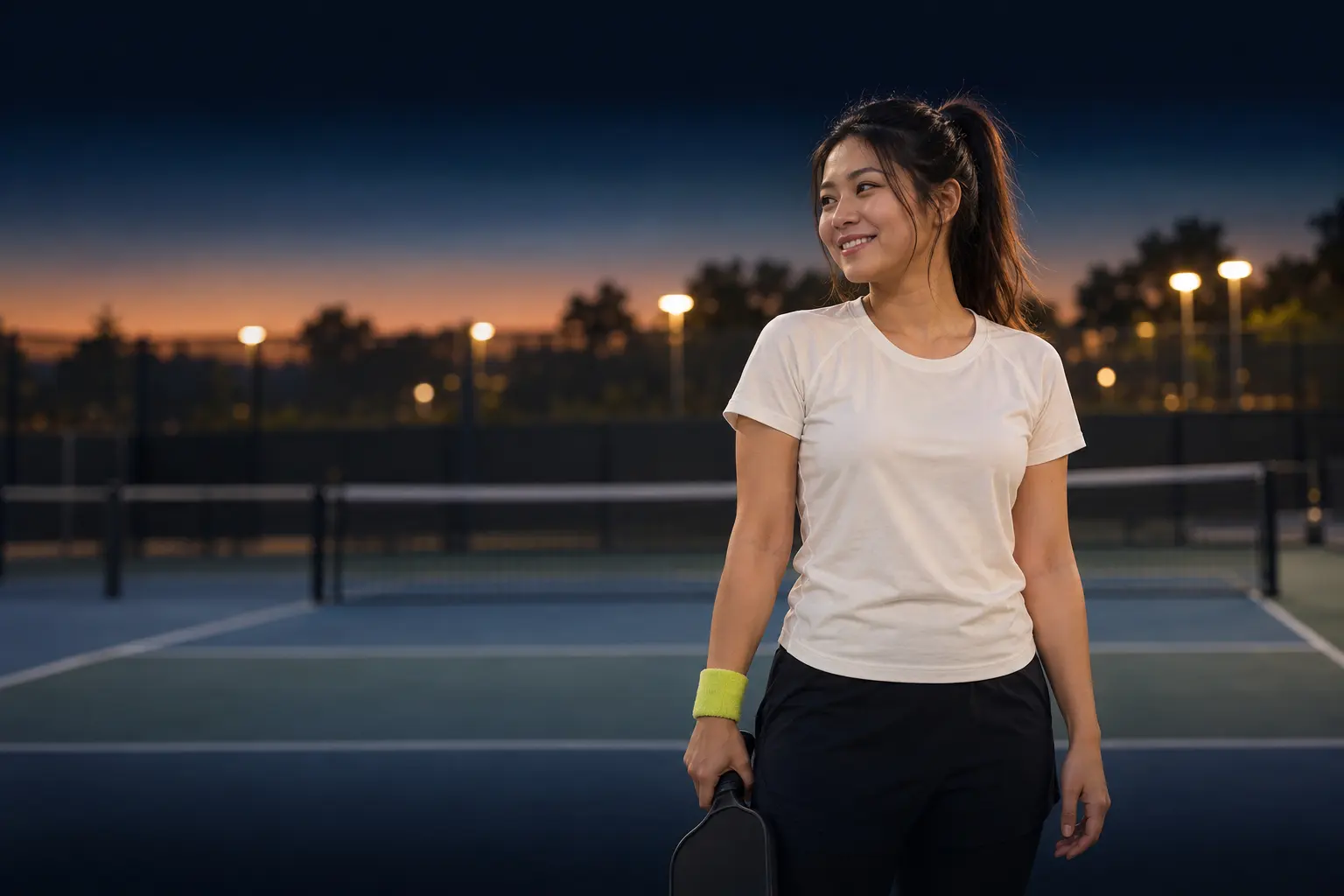 A player smiles on a floodlit court at dusk, paddle in hand