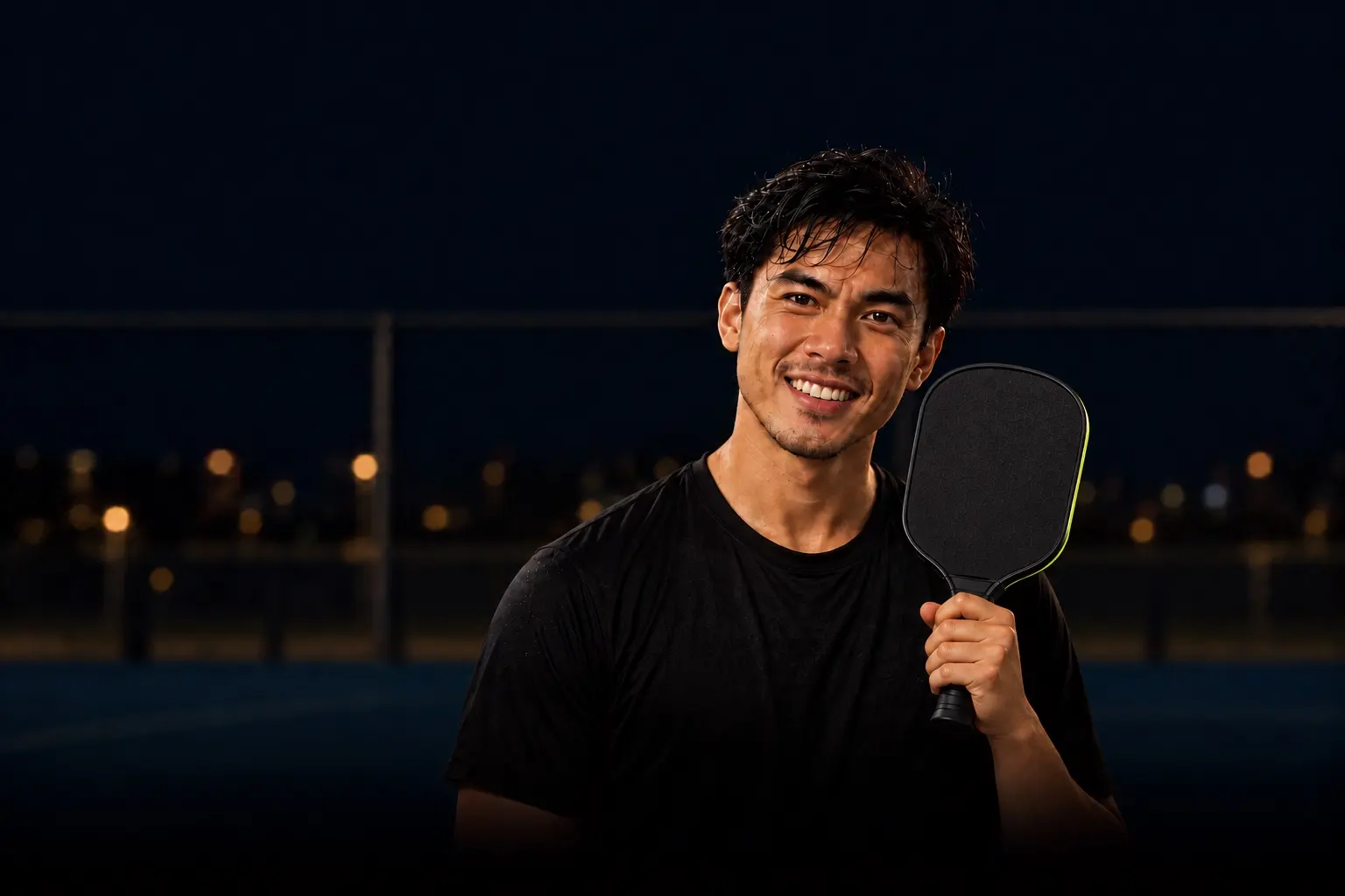 A smiling player holds a paddle on a court at night