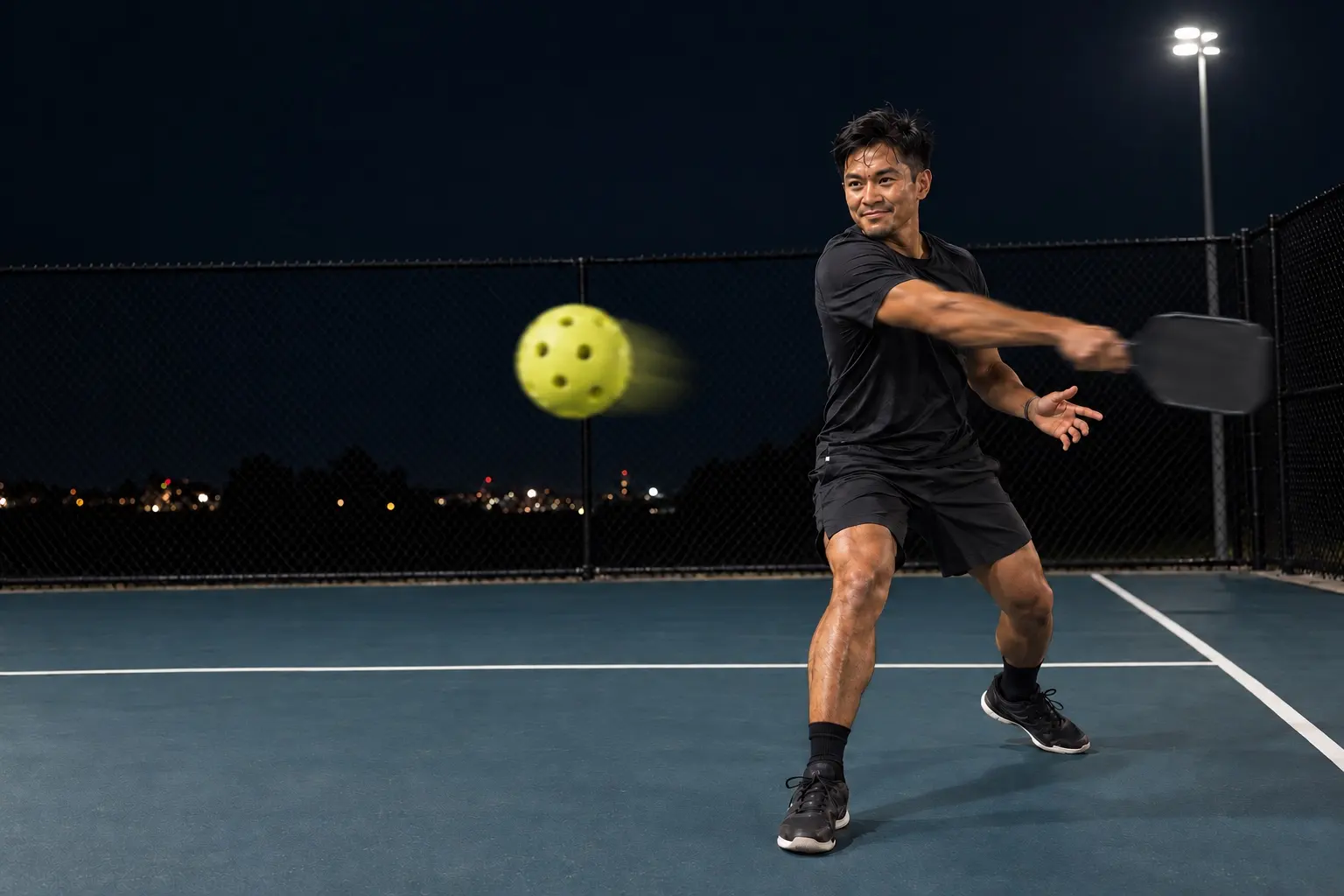 A player hits a forehand at night, the ball blurred in motion