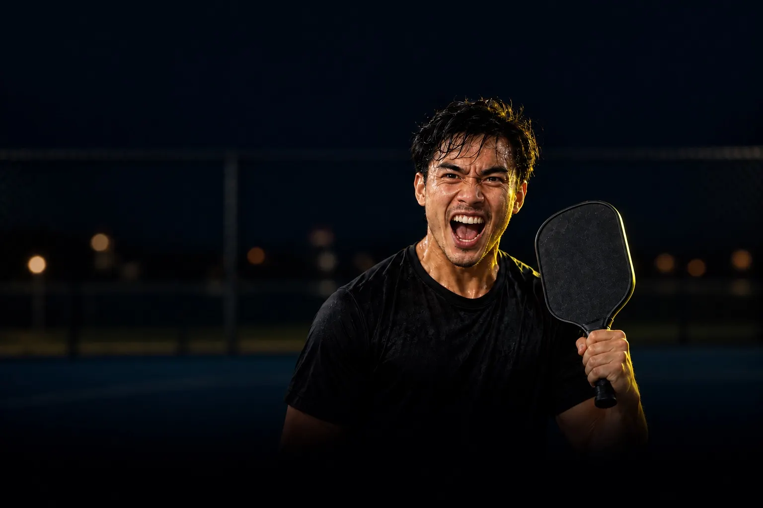 A player shouts in celebration after winning a point at night