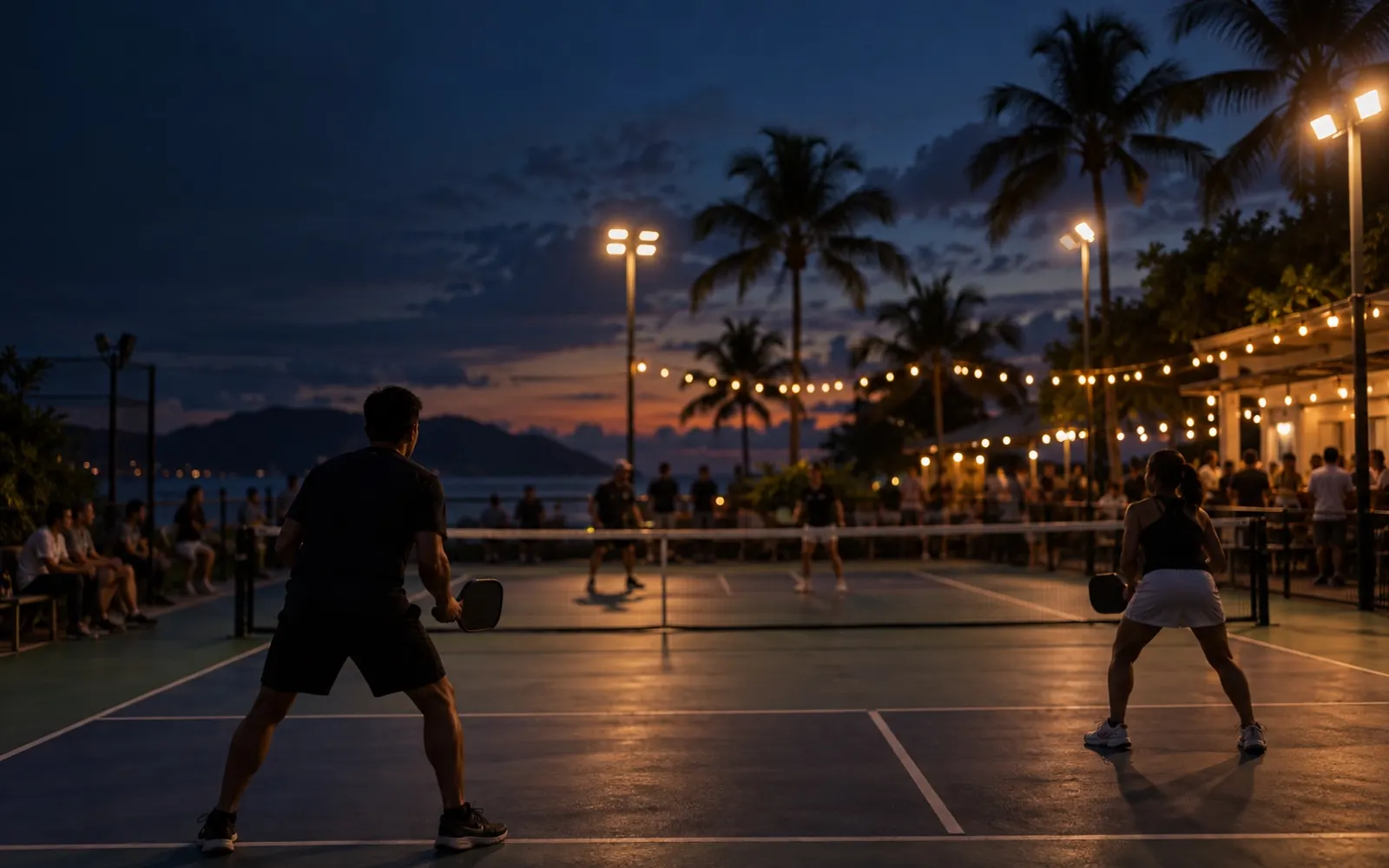 Players on a floodlit court at night, with people watching from the side