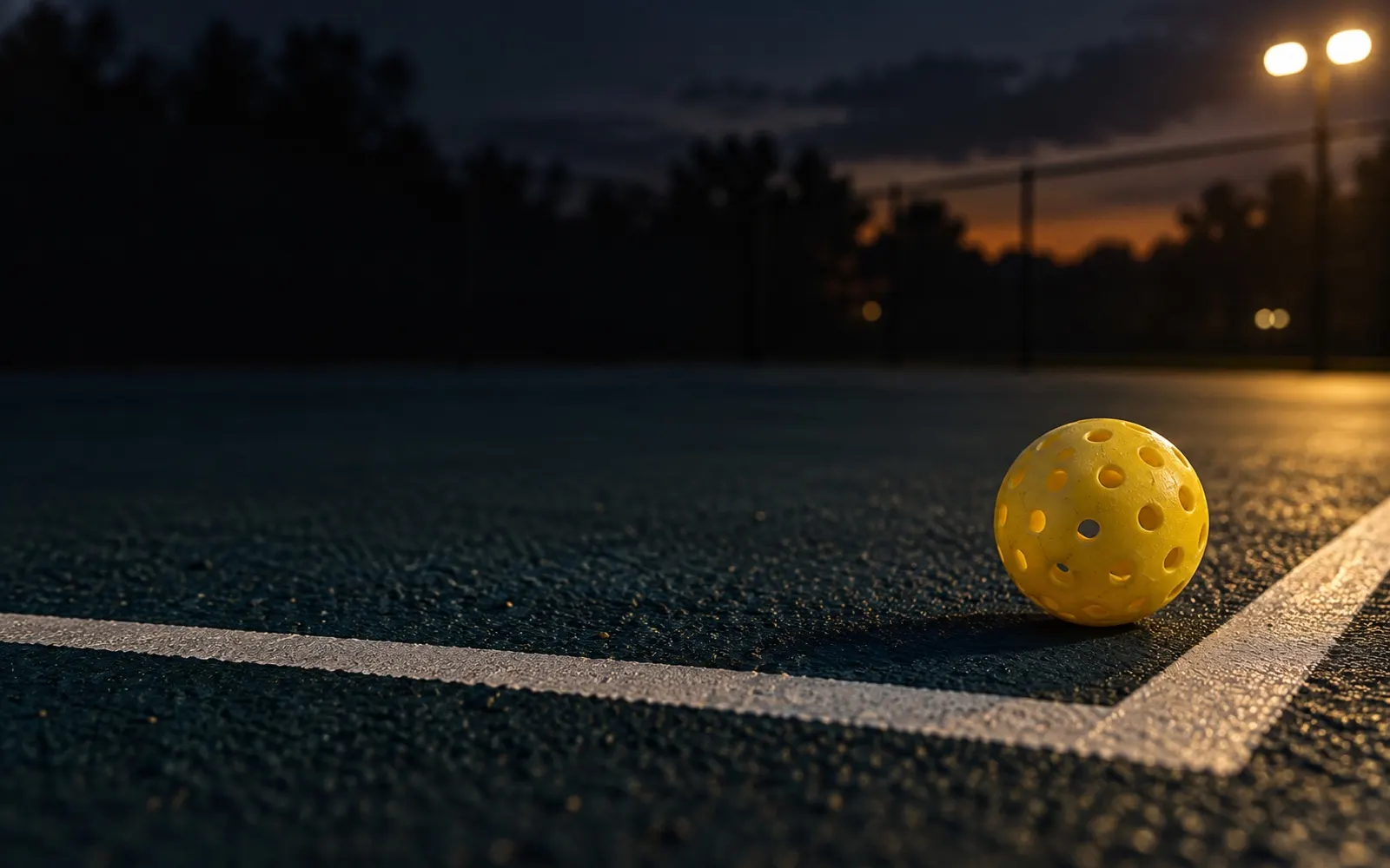 A pickleball on the line of an outdoor court at dusk