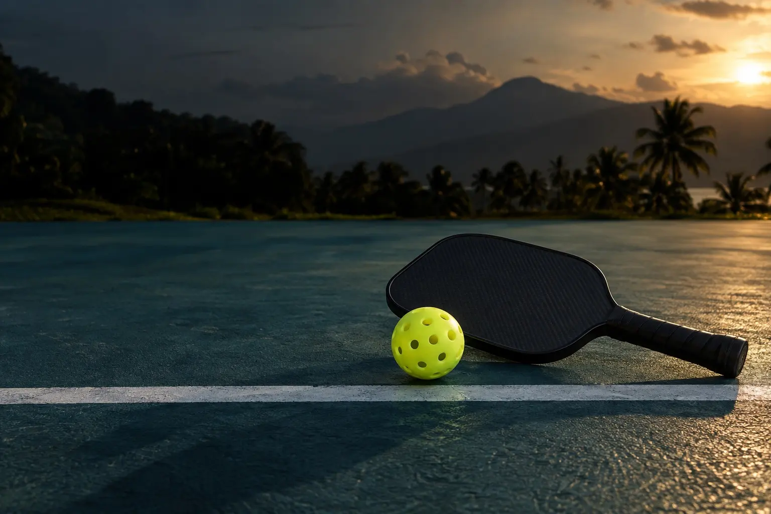 A paddle and ball on the court line at sunset