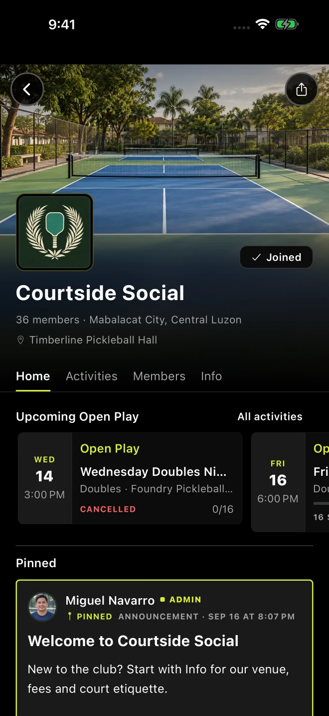 A club page with upcoming Open Play and a pinned announcement