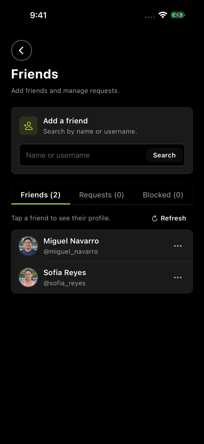 The Friends list with add-a-friend search