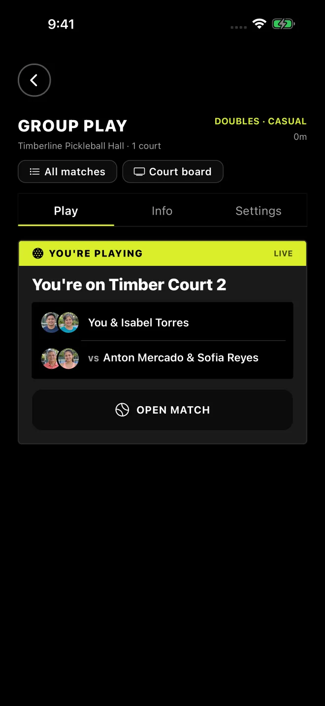 Group Play: you are on Timber Court 2, with your partner and opponents