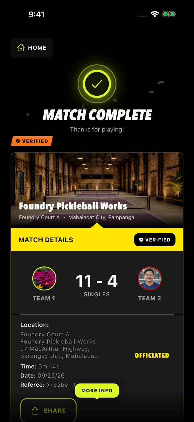 The Match Complete screen