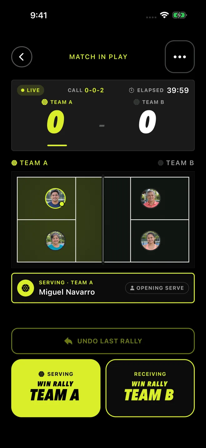 Live scoring, with a Win rally button for each team