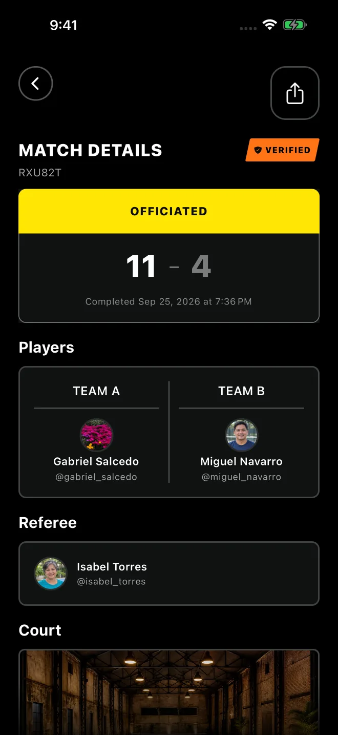 An officiated Verified result with both players and the referee