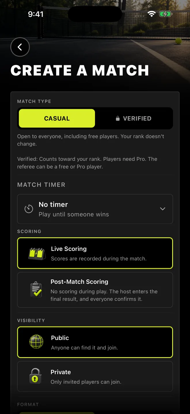Creating a match: Casual or Verified, timer and scoring