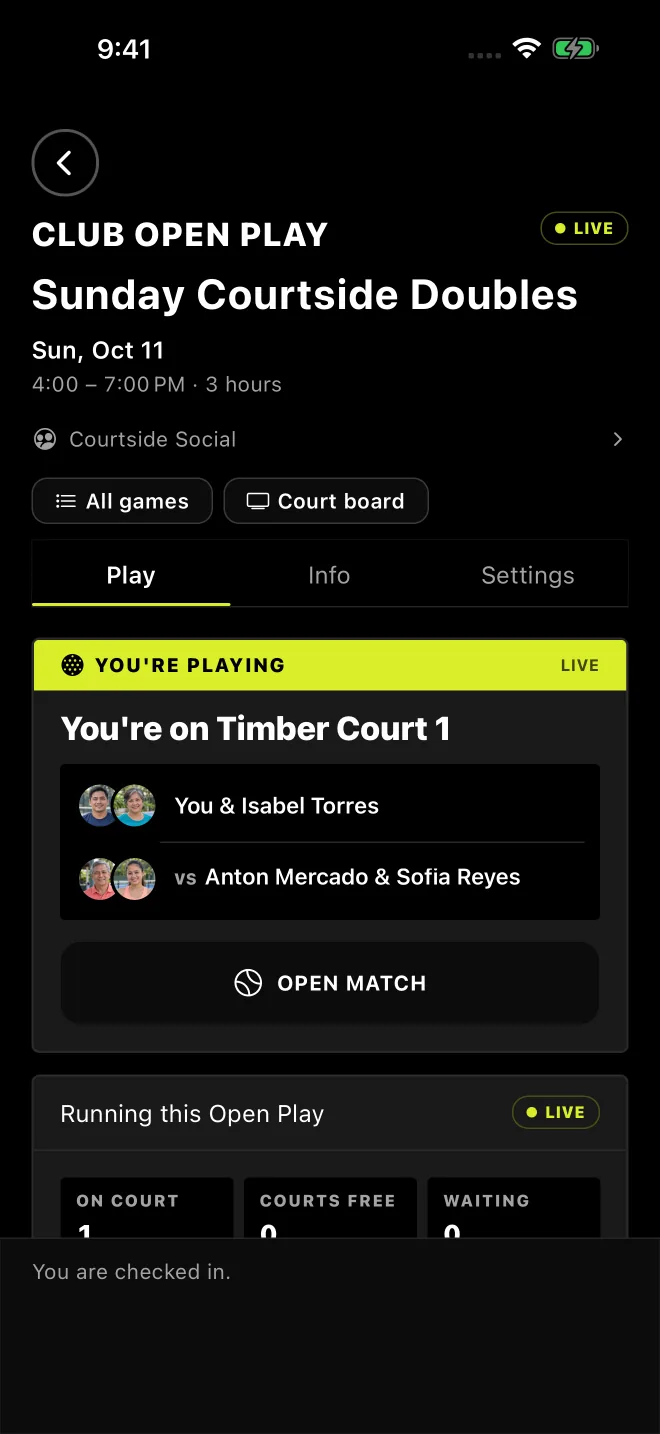 An Open Play night: your court, your game and the courts running