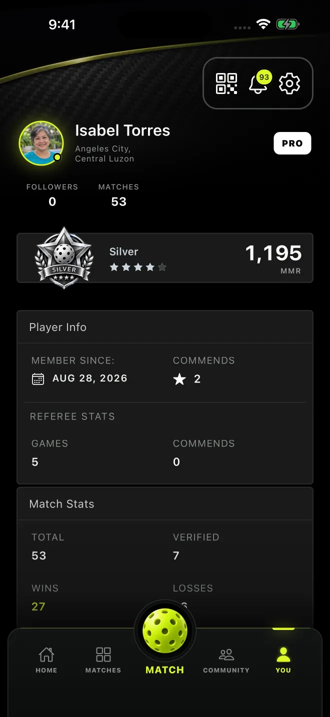 A profile with the Silver rank badge, MMR and Pro tag