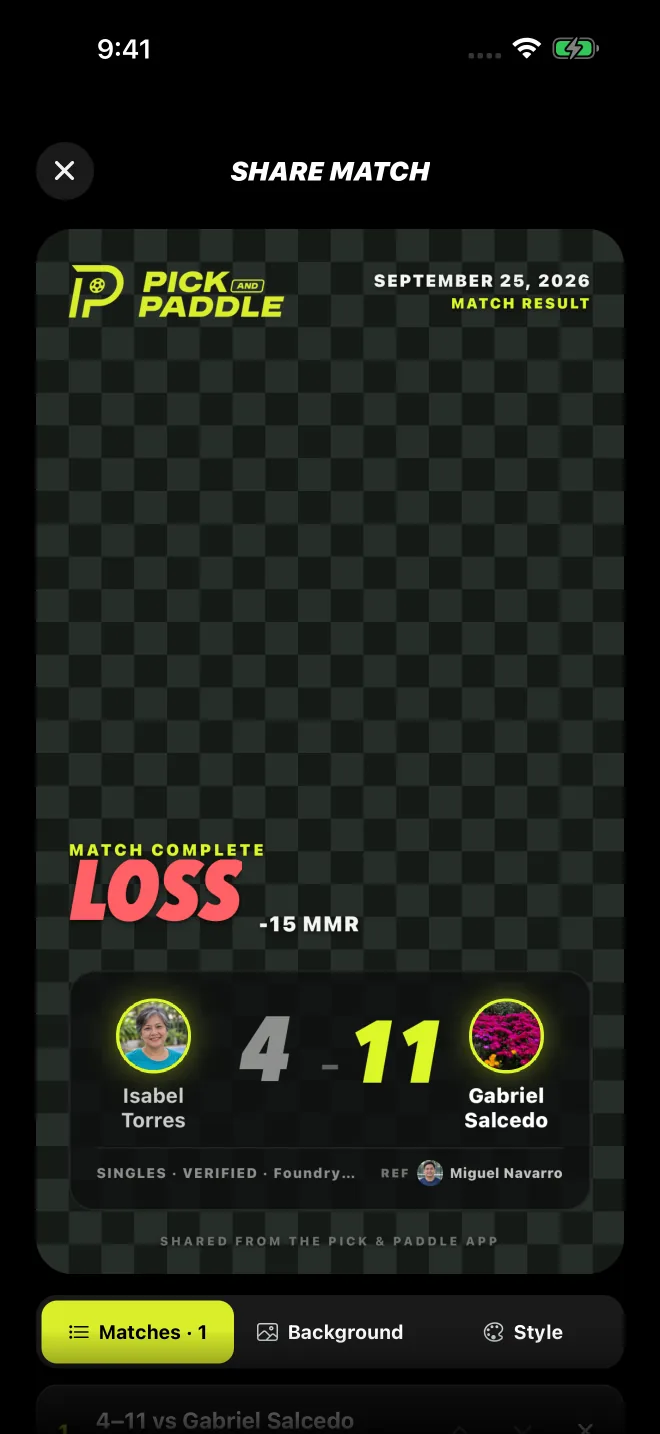 The Share Match screen with a result card ready to send