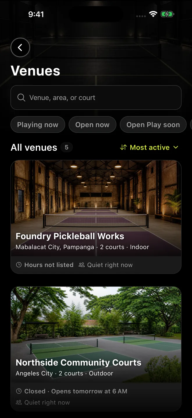 The Venues list with photos, courts and hours